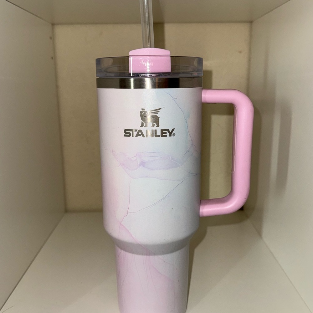 Stanley Pink and White Marble Tumbler with Handle